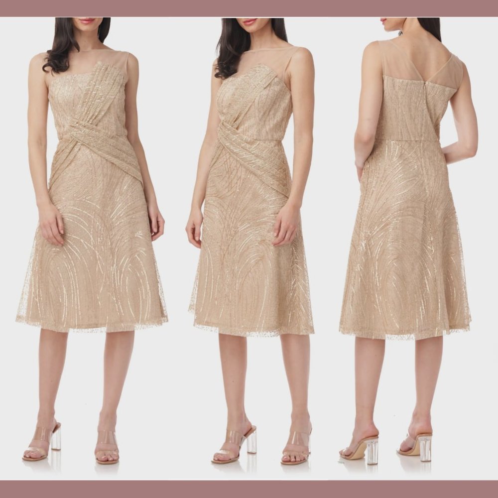 NEW JS Collections [ 8 ] Illusion Neck Faith Sequin Dress in Champagne‎ Gold